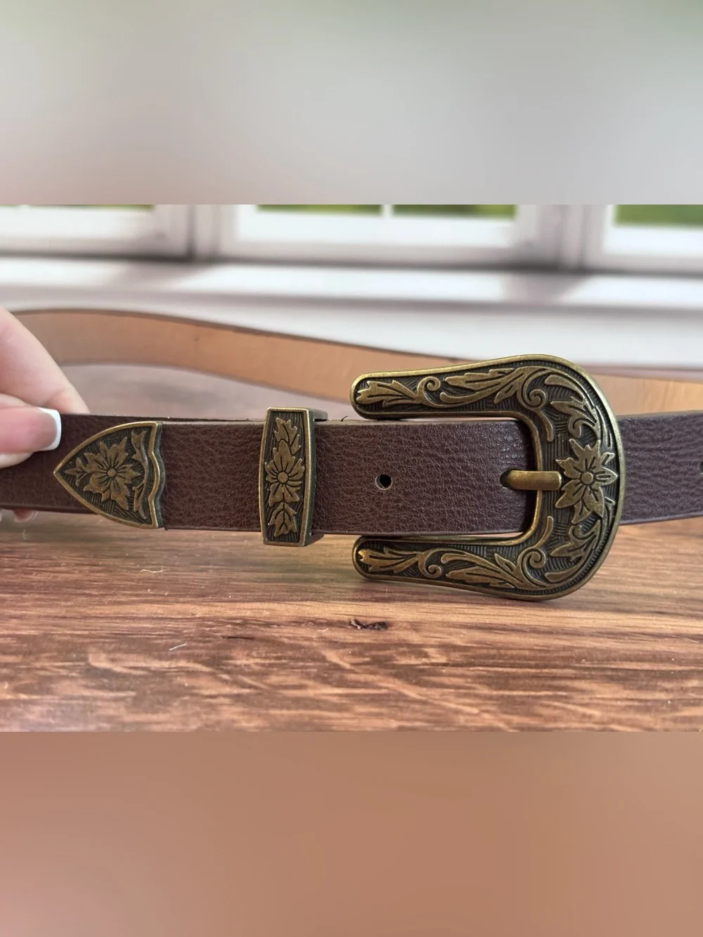 Western Double Buckle Belt Brown Floral Engraved Concho Size M